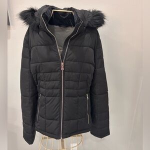 Calvin Klein Women's Black Quilted Puffy Jacket Faux Fur Lined Hood Size Medium